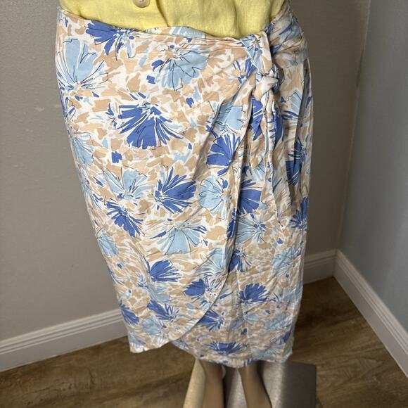 Skies Are Blue Floral Coastal Blue & Tan Side Tie Wrap Midi Skirt XL - Picture 3 of 10
